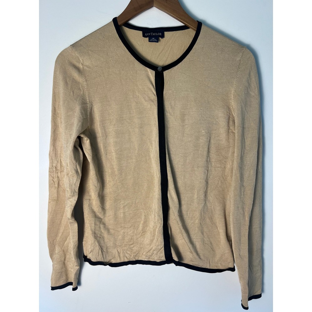 VTG Ann Taylor Cardigan Sweater M Tan Silk Blend Luxury Old Money Elegant Chic